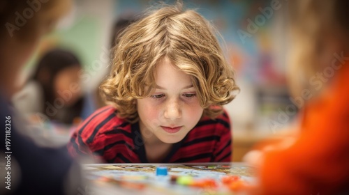 Child playing educational board games deeply focused with peers and game materials subtly blurred in the lively afterschool club environment.