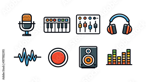Music production tools: studio microphone, midi keyboard, audio mixer, headphones, waveform, speaker monitor, recording button, sound equalizer