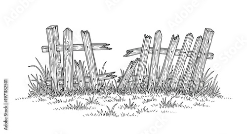Old broken wooden fence in grassy field in black and white illustration for rustic landscape