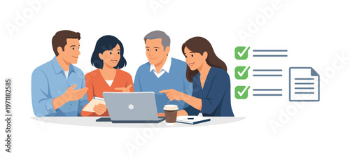 A team aligning audit preparation tasks during a collaborative coordination discussion, gathered near a laptop while interacting with a simple