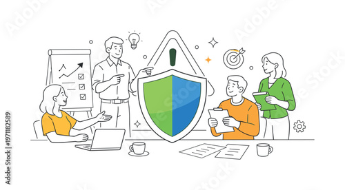 A risk management scenario where a business team identifies potential challenges and prepares preventive actions during a strategic session, centered