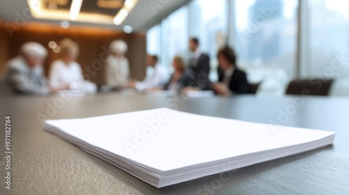 Clean white paper document on a modern office table with a business meeting in the background