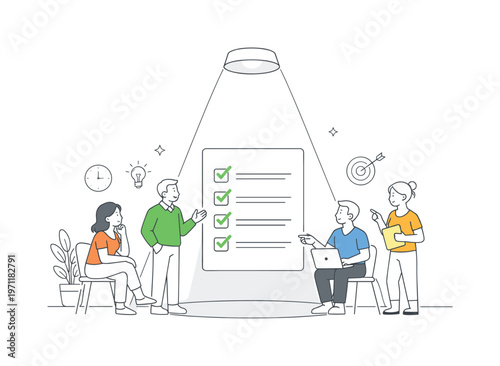 Team structuring priority layers and improving focus on essential tasks together during a calm workflow refinement session in a modern office