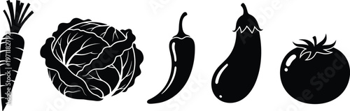 Set of vegetable silhouettes and icons including carrot cabbage chili eggplant and tomato
