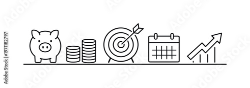 Financial goal tracking and savings strategy for building long-term stability and achieving personal financial milestones, piggy bank, coin stack