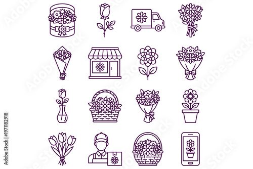 Hand-drawn floral icons set featuring bouquets, flowers, delivery truck, and delivery person for floral shop branding and marketing materials