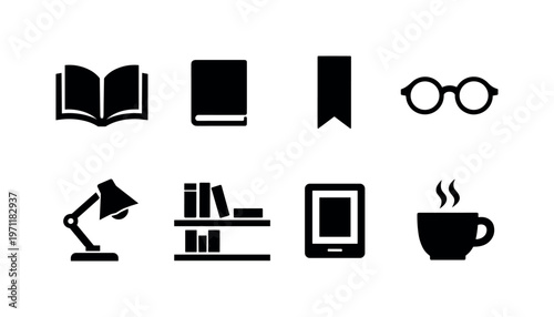 Book reading: open book, closed book, bookmark, reading glasses, desk lamp, bookshelf, e-reader device, coffee cup