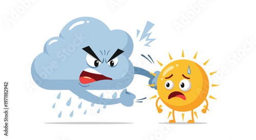 Funny cartoon illustration featuring an angry blue rain cloud punching a worried yellow sun character on a plain white background.