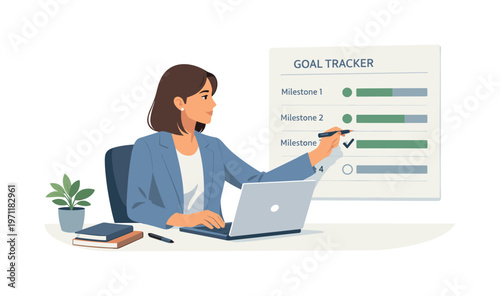 A professional organizing a structured goal tracking system during a focused work session, sitting at a desk with a laptop while updating a simple