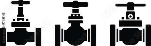 Three different industrial pipeline valve icons presented in a row on a clean white background illustrating control mechanisms for fluid flow systems