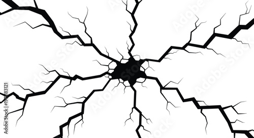 High contrast black and white radial crack pattern spreading from a central hole like shattered glass or cracked stone on white background.