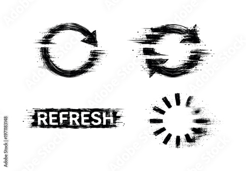 Digital refresh and reload action theme, a set of 3 glitch-distorted monochrome objects placed on a perfectly clean white background