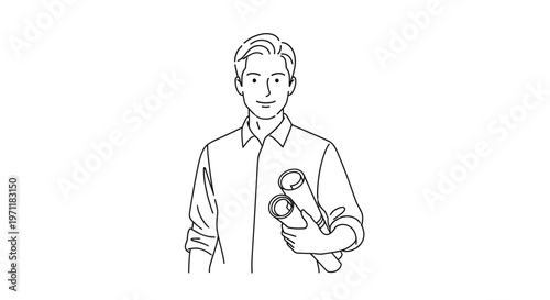 Smiling businessman holding smartwatch in minimalist line art style on white background for technology advertising