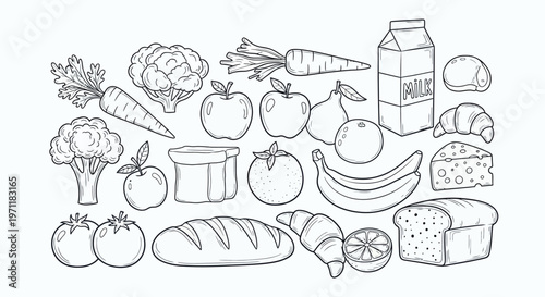 Colorful illustration of various grocery items in line art style with black and white coloring on clean background for food marketing