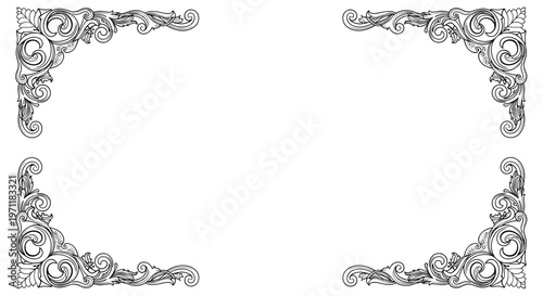 Set of four intricate vintage floral corner borders in black line art style for elegant decorative frames on a white background.