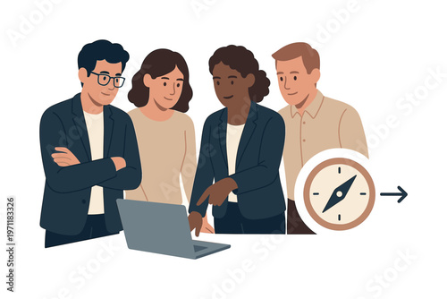 A team building shared direction during a collaborative alignment session, gathered near a laptop while interacting with a simple compass symbol