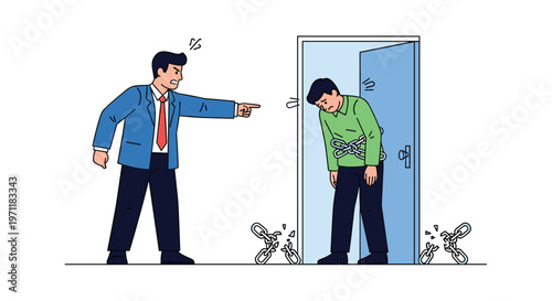 Workplace stress illustration with an angry boss pointing at a discouraged employee who is bound by heavy metal chains in the office.
