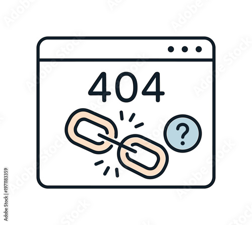 Error 404 page and missing content experience during web navigation, a simple browser window with a broken link icon and a small question mark