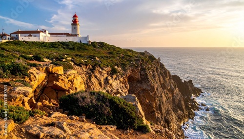 Coastal lighthouse on rocky cliff