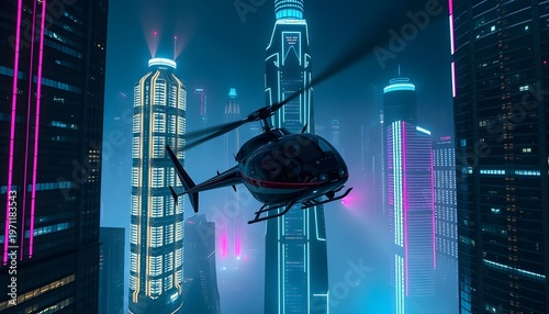 Night Flight Through Futuristic Skyscrapers. High-speed futuristic helicopter weaving through illuminated skyscrapers at night, neon blue and magenta reflections