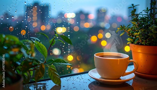 Coffee cup beside window in city