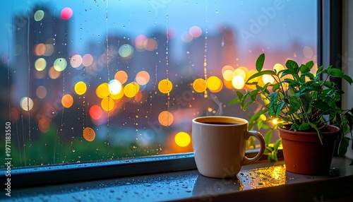 Coffee cup beside window with city lights