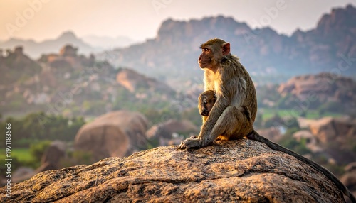 A primate sits atop a large rock, holding its young. The golden sunset bathes the background of rolling hills