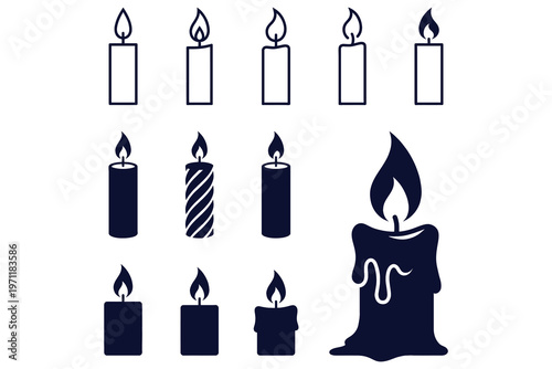 Collection of stylized blue candle illustrations with lit flames, diverse designs including striped and dripping wax, perfect for branding and digital design projects