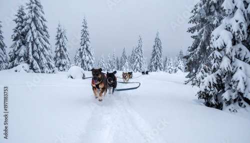 Dog sled team pulling through snowy landscape