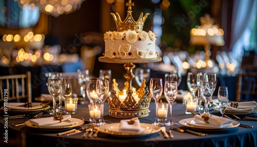 Elegant table setting with cake and crown