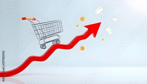 Online Retail Success Story. A shopping cart climbing up a 3D red arrow graph like a roller coaster, symbolizing rapid sales growth in e-commerce