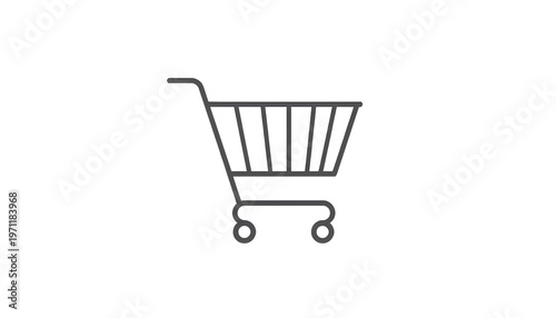 Outline Style Shopping Cart Symbol. A minimalist thin-line vector icon of a shopping cart with geometric shapes, monochrome dark gray on white background