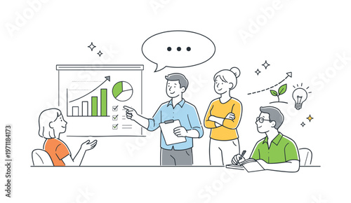 A performance feedback and improvement discussion scene featuring a small group reviewing results around a large chart and a speech bubble, using a