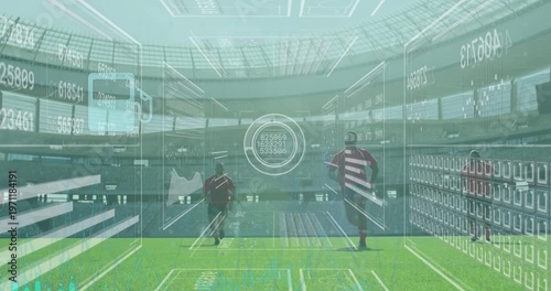 Animation of data processing and icons over diverse rugby players at stadium