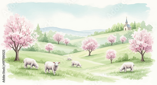 Serene landscape with sheep grazing under blooming cherry blossom trees in a green meadow.