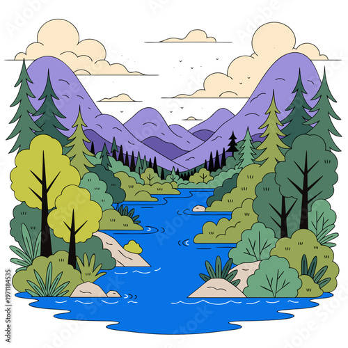 Serene mountain landscape with river trees and purple mountains under cloudy sky natural scenery background
