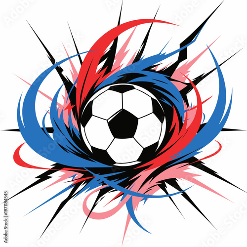 Soccer ball surrounded by dynamic red blue and black swirling brushstrokes on white background symbolizing energy and sportsmanship in football