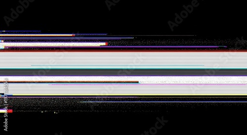 Glitch VHS screen, video glitch effect with random lines and noise. Abstract vector distortion, corrupted camera film or digital video system black background, horizontal distorted stripes, no signal