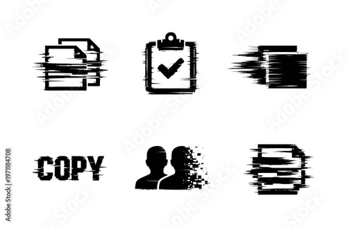 Digital duplication and copy action theme, a set of 5 glitch-distorted monochrome objects placed on a perfectly clean white background