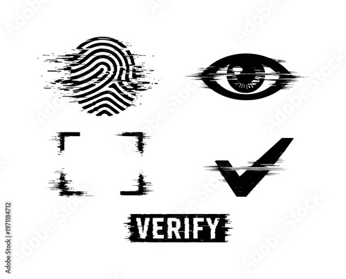 Biometric authentication theme, a set of four glitch-distorted monochrome objects placed on a perfectly clean white background