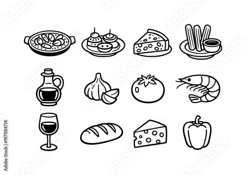 Spanish cuisine set: paella pan, tapas plate, tortilla slice, churros, olive oil bottle, garlic, tomato, shrimp, wine glass, bread loaf, cheese