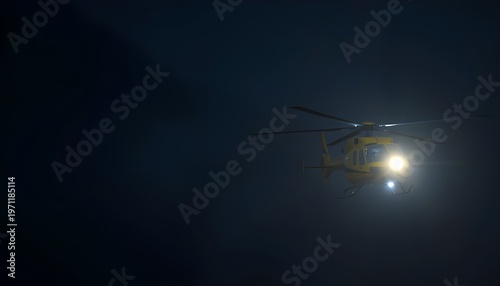 Nighttime Search and Rescue with Spotlight. Bright yellow rescue helicopter scanning dark mountainous terrain with powerful spotlight 2