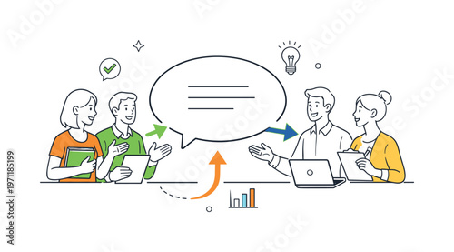 A team communication flow and alignment scene featuring a small group exchanging updates around a large speech bubble and connecting arrows, using a