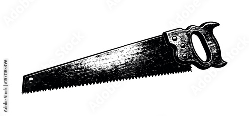 A vintage hand saw shown in a three-quarter side view, enlarged to fill most of the frame with its long serrated blade and worn handle forming a