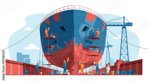 Skilled shipyard workers perform maintenance and painting on the hull of a massive vessel in a professional dry dock area.