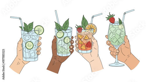 Diverse hands holding different summer cocktails with straws and fresh fruit garnishes like cucumber and orange.