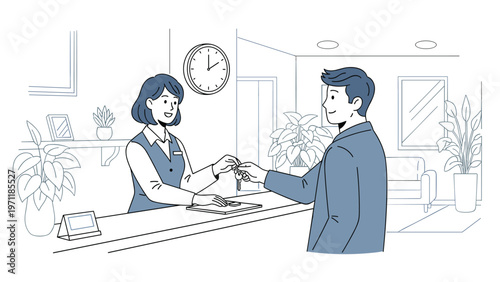 Friendly hotel receptionist hands over a set of keys to a male guest at the front desk in a clean and welcoming lobby.