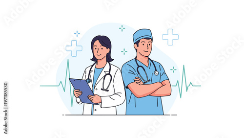 Pair of dedicated medical professionals including a female doctor and a male surgeon stand together in a hospital setting.