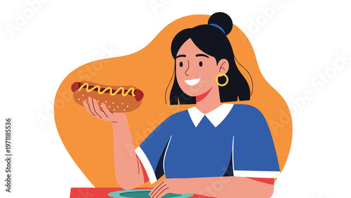 Happy young woman enjoys a tasty hot dog with mustard while smiling at the camera against a bright orange background.
