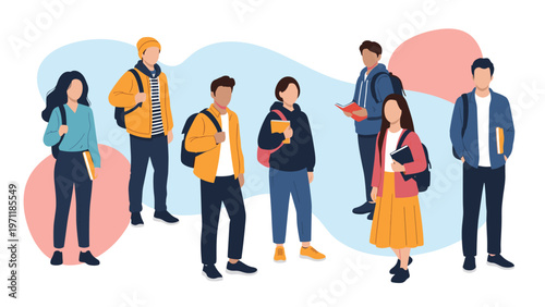 Diverse group of college students stand together with their backpacks and textbooks while preparing for their next class.